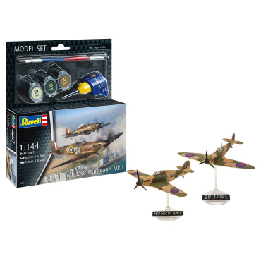 KIT PARA MONTAR REVELL MODEL SET 2 AVIÕES SPITFIRE MK.IA & HURRICANE MK.I 1/144 31 PEÇAS COMPLETO COM TINTAS COLA E PINCEL REV 63771